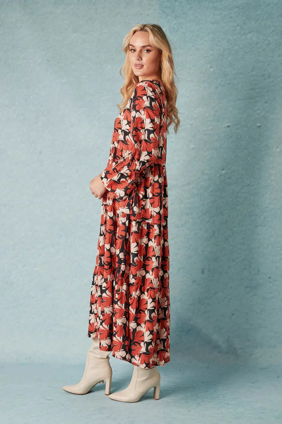 Long Sleeve Tiered Maxi Dress - Tonal Leaf Print-Ellis and Dewey-Lima & Co