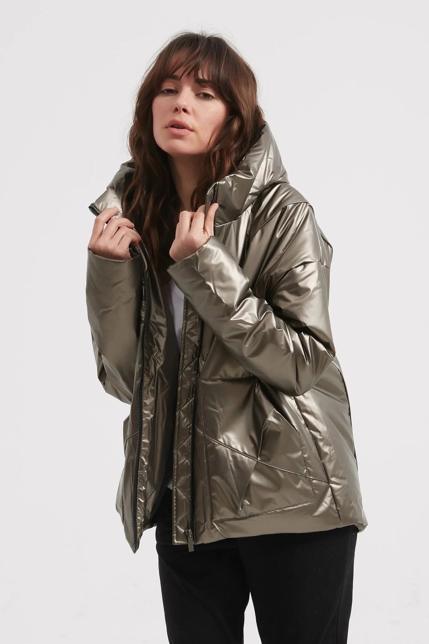 Bronze metallic puffer jacket new arrivals
