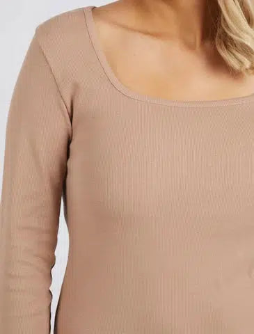 Square Neck Rib L/S Tee - Mocha-Elm Lifestyle-Lima & Co