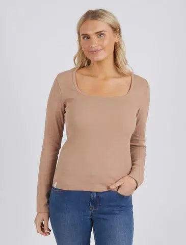 Square Neck Rib L/S Tee - Mocha-Elm Lifestyle-Lima & Co